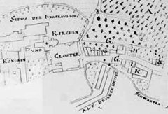 areál kláštera cisterciaček a špitálu na plánu Franze de Besolda