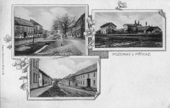 dobová pohlednice vsi s kaplí (na levém horním snímku, v pozadí)