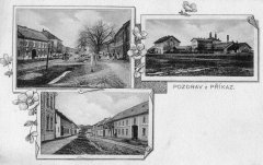 dobová pohlednice vsi s kaplí (na levém horním snímku, v pozadí)