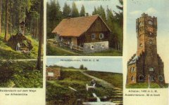 dobová pohlednice Alfrédovy chaty s kapličkou při cestě k ní (na levém snímku)