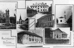 dobová pohlednice vsi s původní kaplí a novým kostelem
