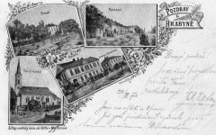 dobová pohlednice městyse s kostelem