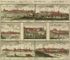 kostel (vpravo dole) na tzv. Scenographia urbum Silesian tabula IX., autor Friedrich Bernhard Werner (1690 - 1776)