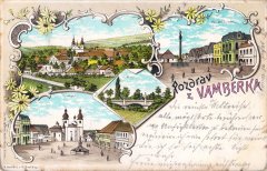 dobová pohlednice města s kaplí a kostelem před požárem