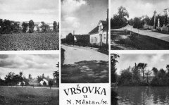 historická pohlednice vsi s původní zvoničkou (na pravém horním snímku)