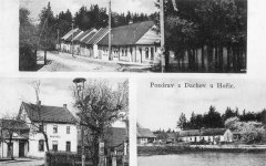 dobová pohlednice vsi se zvoničkou (vlevo dole)