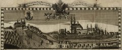 pohled na město s kostelem na tovaryšském listu kloboučnického cechu v Krnově z roku 1829, předloha je ze 17. století