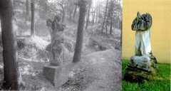 torzo sochy křížové cesty v lese a u kostela