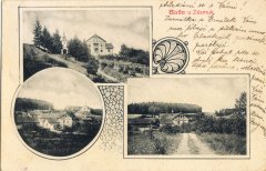 dobová pohlednice vsi s kaplí (vlevo nahoře)