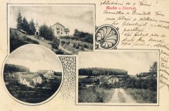 dobová pohlednice vsi s kaplí (vlevo nahoře)
