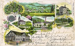 dobová pohlednice vsi s kaplí a studánkou