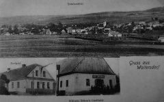 historická pohlednice vsi se hřbitovem (nahoře, v popředí)