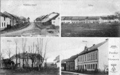 dobová pohlednice vsi se zvoničkou (vlevo nahoře)