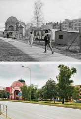 srovnávací fotografie synagogy, na dolním záběru již s obnovenou kopulí