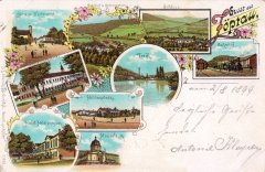 dobová pohlednice vsi s mauzoleem (dole)