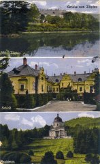 dobová pohlednice vsi s mauzoleem (dole)