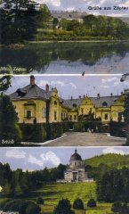 dobová pohlednice vsi s mauzoleem (dole)
