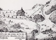 kresba původní kamenné kaple nad pramenem