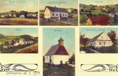 dobová pohlednice vsi s kaplí (dole uprostřed)