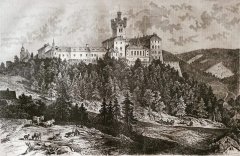 kresba hradu s kostelem (vlevo), kresba František Chalupa