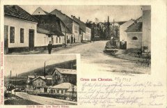  dobová pohlednice vsi s kaplí (část kaple je na horním obrázku zcela vpravo)