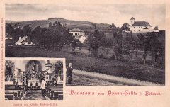 dobová pohlednice vsi s kostelem