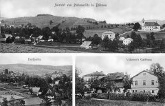 dobová pohlednice vsi s kostelem