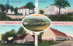 dobová pohlednice vsi s kostelem