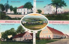 dobová pohlednice vsi s kostelem