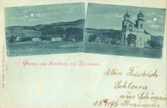 dobová pohlednice vsi s kostelem