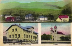 dobová pohlednice vsi s kostelem