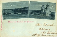 dobová pohlednice vsi s kostelem