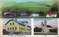 dobová pohlednice vsi s kostelem