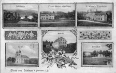 dobová pohlednice vsi s kostelem