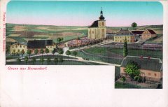 dobová pohlednice vsi s kostelem