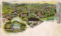 dobová pohlednice vsi s kostelem (vpravo)
