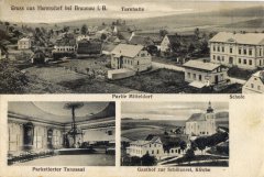 dobová pohlednice vsi s kostelem