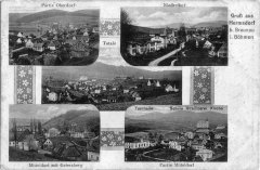 dobová pohlednice vsi s kostelem