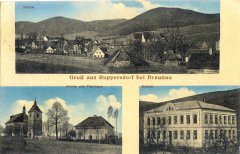 dobová pohlednice vsi s kostelem