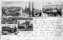 dobová pohlednice vsi s kostelem