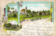 dobová pohlednice vsi s kostelem