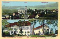dobová pohlednice vsi s kostelem