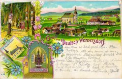 dobová pohlednice vsi s kostelem (na horním snímku)