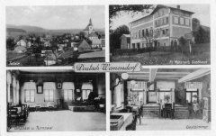 dobová pohlednice vsi s kostelem (na levém horním snímku)