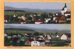 dobová pohlednice vsi s kostelem (na horním snímku)