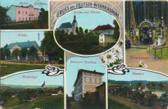 dobová pohlednice vsi s kostelem (na horním snímku)