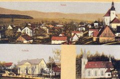 dobová pohlednice vsi s kaplí (na pravém dolním snímku)