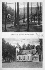 dobová pohlednice poutního areálu (kaple nahoře vlevo, za bránou)