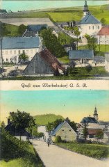 dobová pohlednice vsi s kostelem