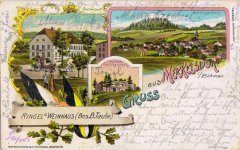 dobová pohlednice vsi s bývalým kostelem (uprostřed)